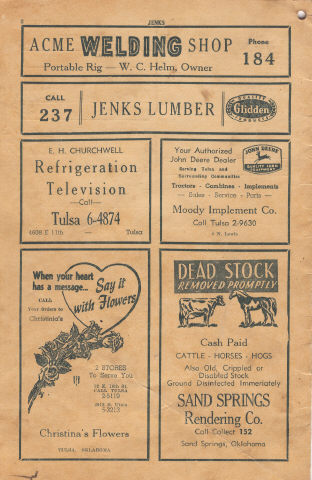 Jenks oklahoma 1952 Phone Book - Back Cover