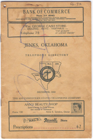 Jenks oklahoma 1952 Phone Book - Front Cover