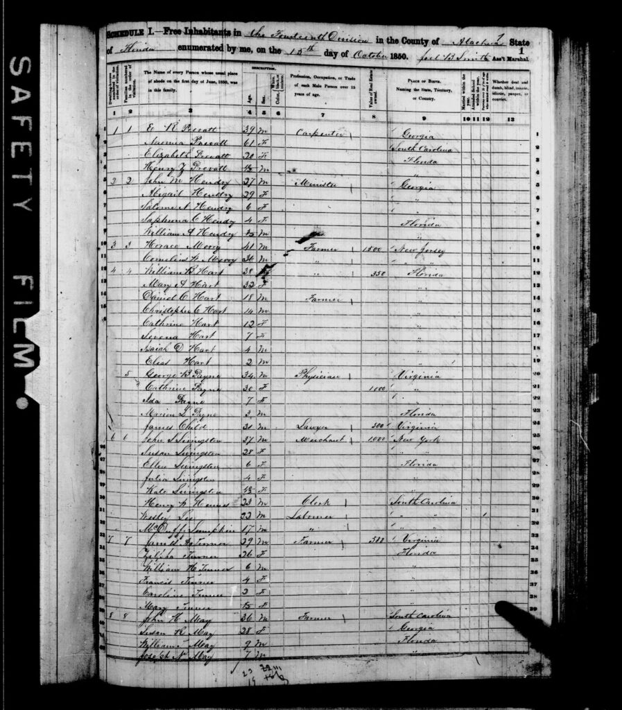 1850 Census Alachua County FL - page 1