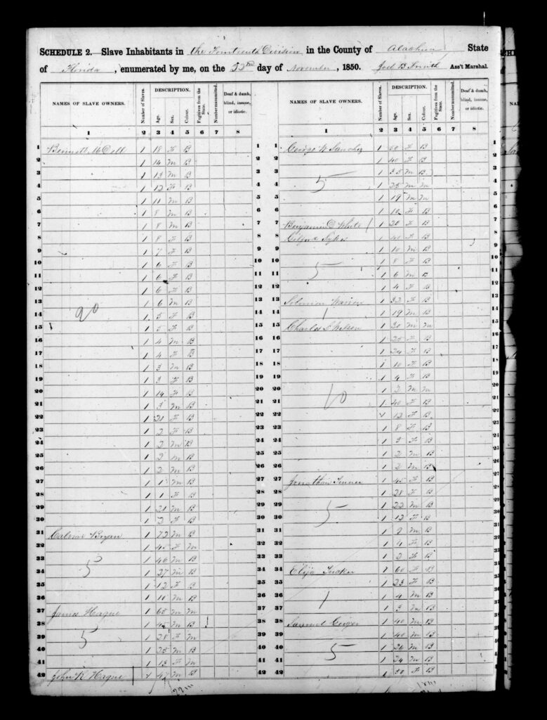 1850 Slave Census Alachua County FL - page 10