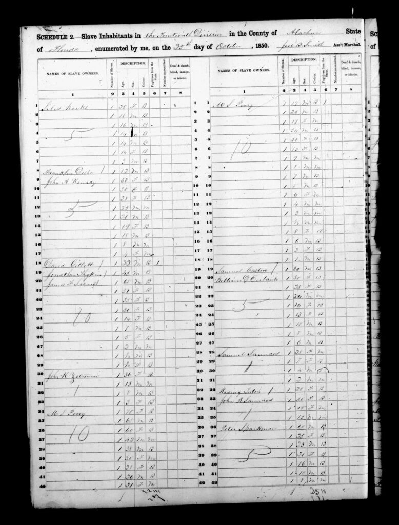 1850 Slave Census Alachua County FL - page 2