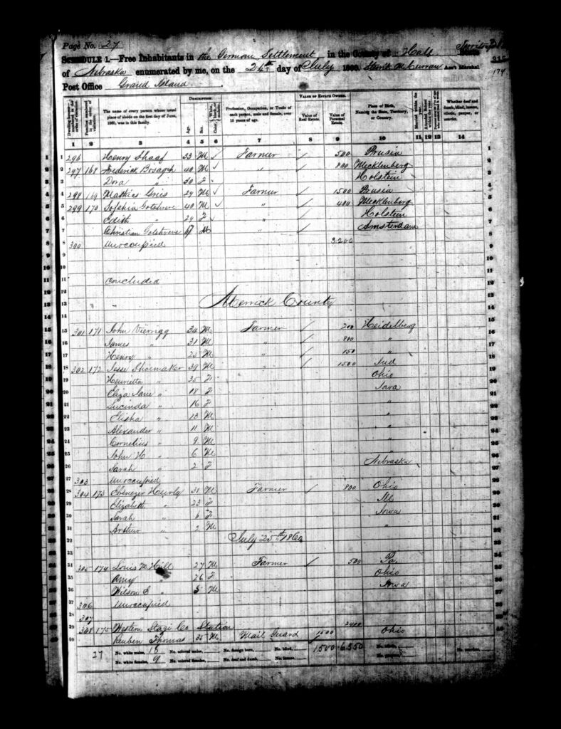 1860 Hall County Nebraska Census page 27